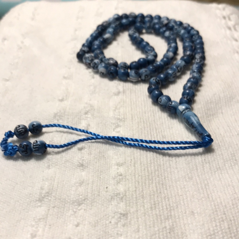 Islamic Tasbih Prayer Beads with 99 Names of Allah Hand Made Misbaha Blue